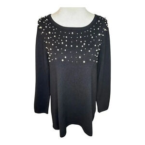 Liz Claiborne Career‎ Women's Medium Black Pullover Sweater Pearl Embellishments